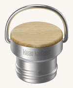 A close up of the Klean Kanteen bamboo stainless steel loop cap for the rise reflect insulated bottles showing the handle and bamboo detail