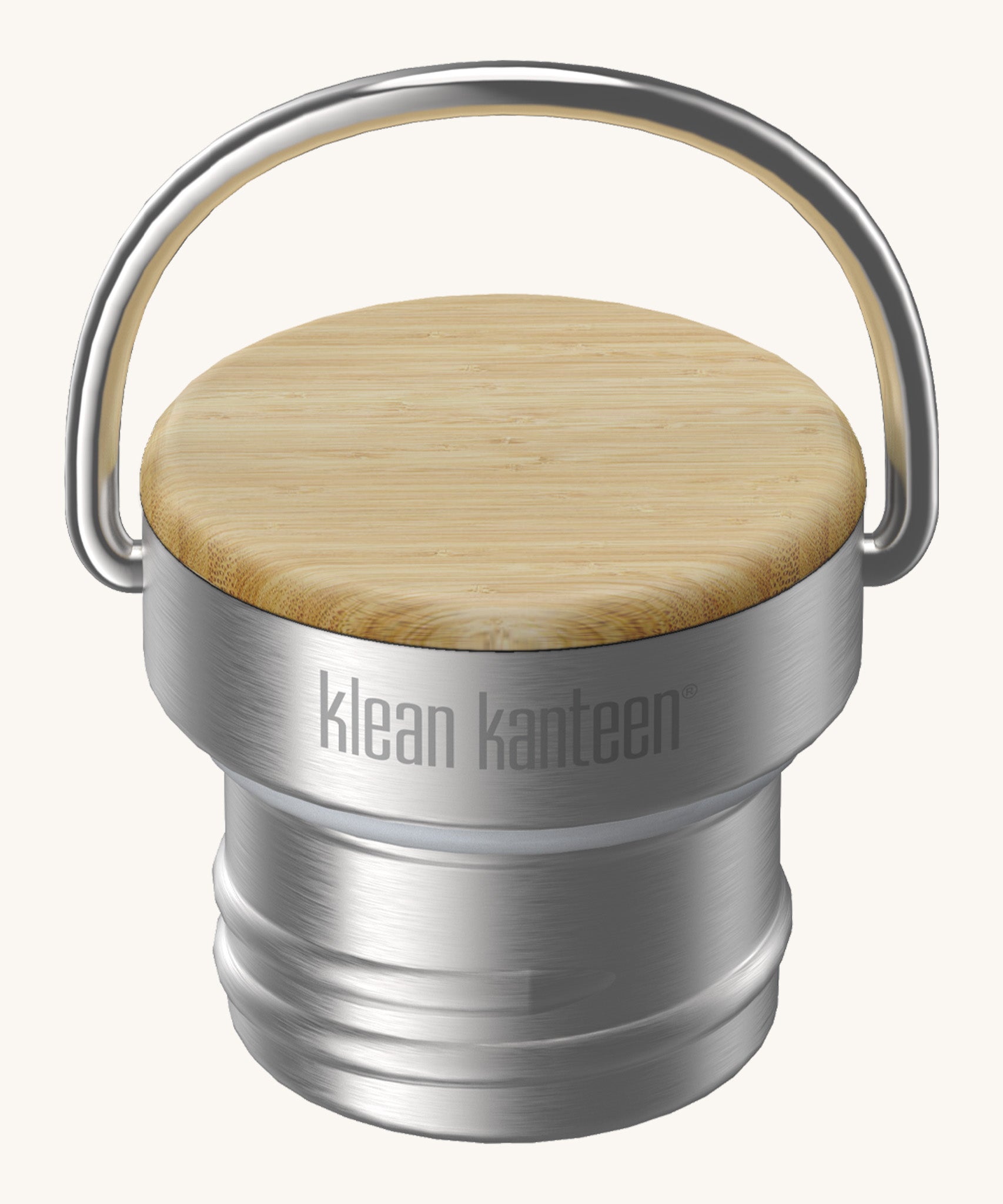 A close up of the Klean Kanteen bamboo stainless steel loop cap for the rise reflect insulated bottles showing the handle and bamboo detail