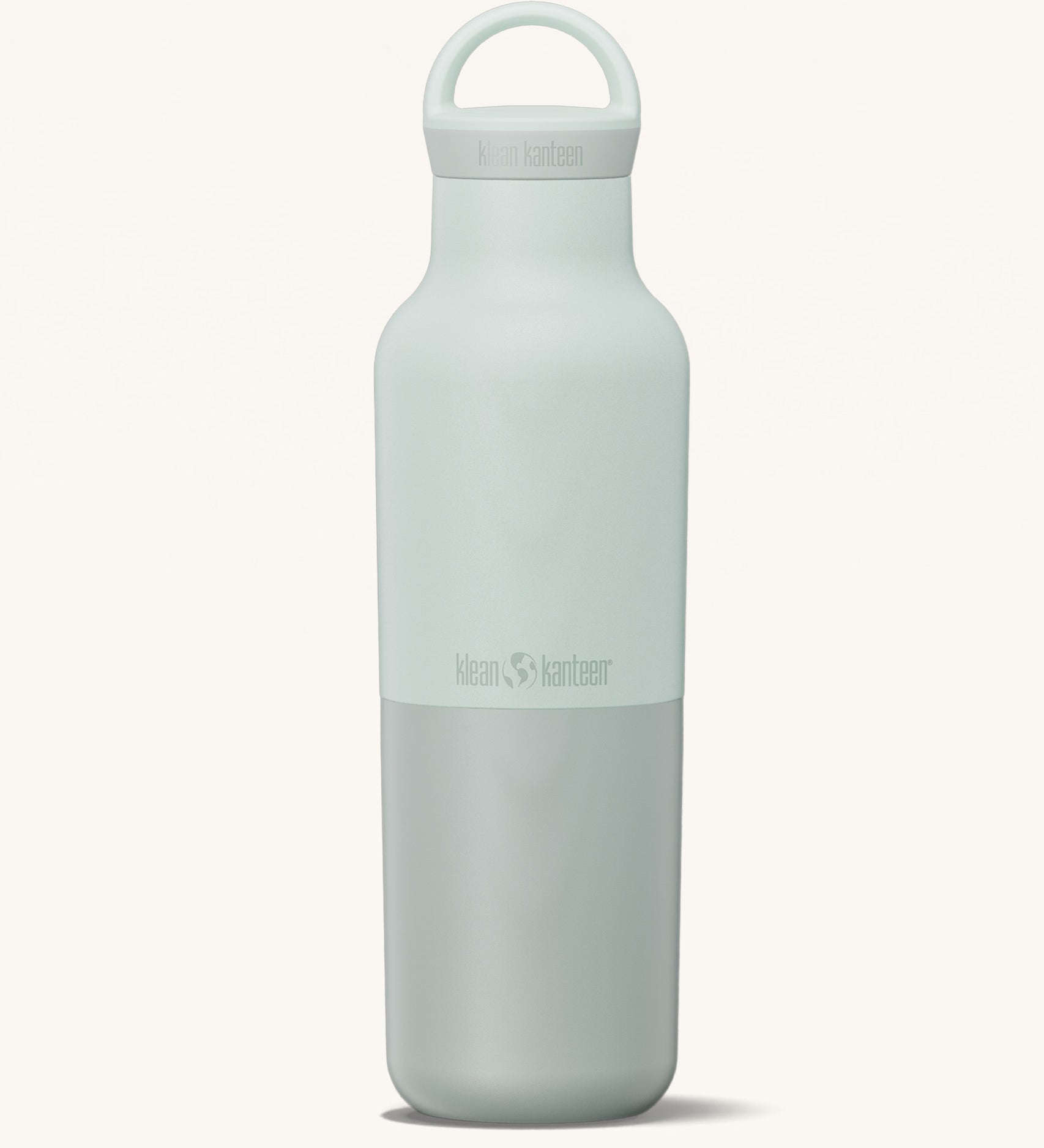 A Klean Kanteen 20oz rise insulated Reusable Stainless Steel Water Bottle with loop cap in a barely blue colour.