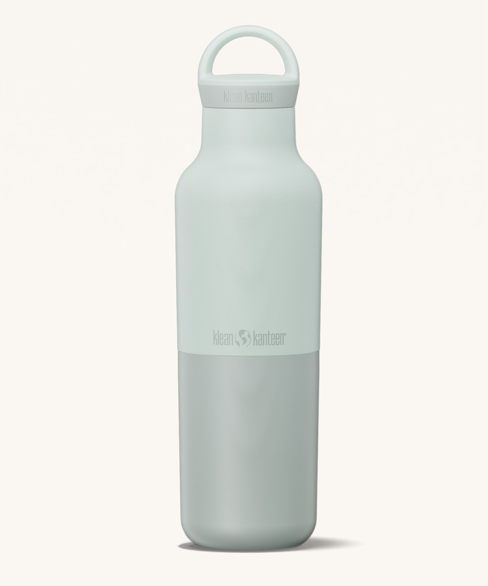 A Klean Kanteen 20oz rise insulated Reusable Stainless Steel Water Bottle with loop cap in a barely blue colour.