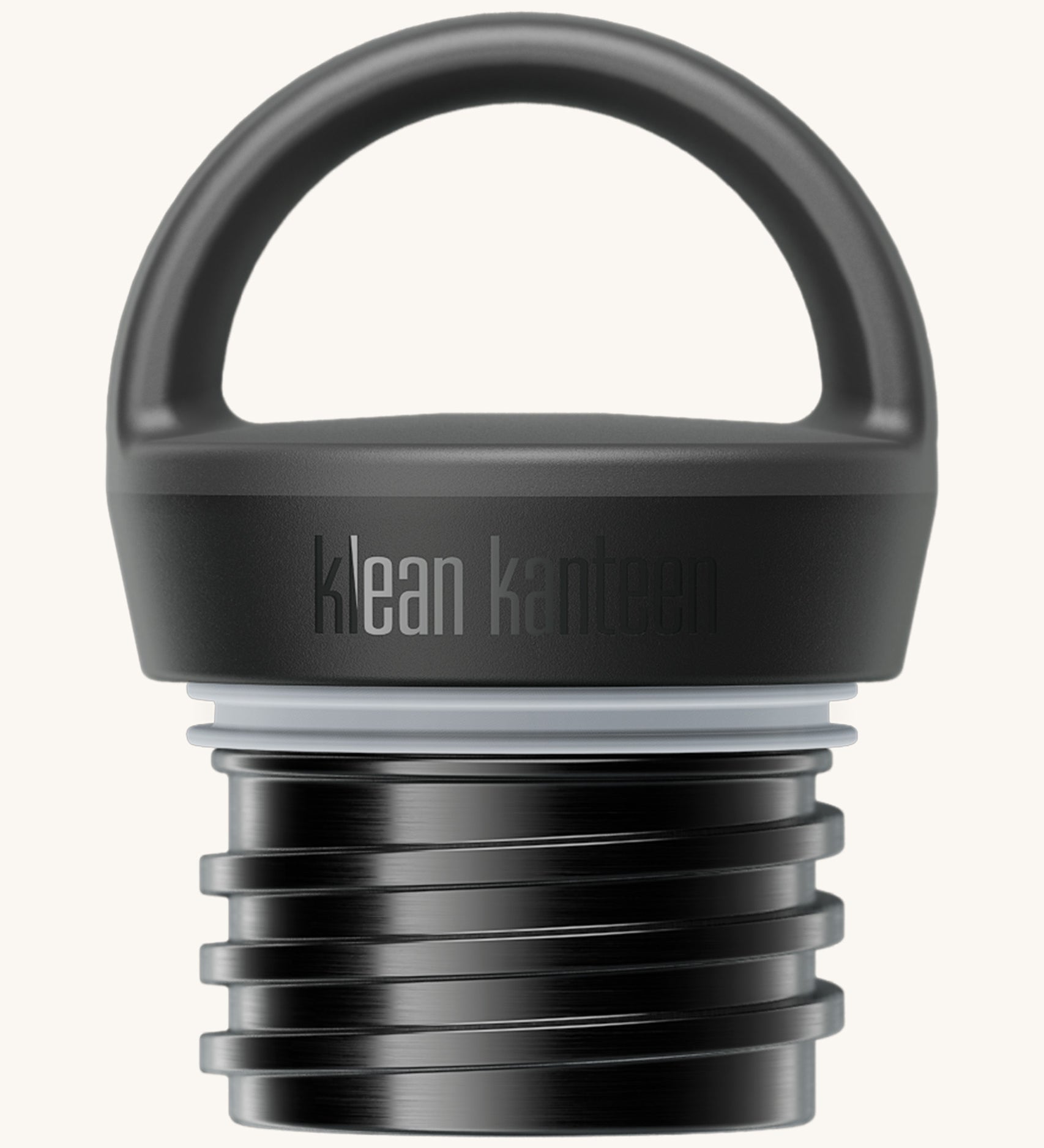 A close up of the Klean Kanteen black loop cap that fits on the 20oz classic rise bottle available at Babipur showing the thread and loop detail
