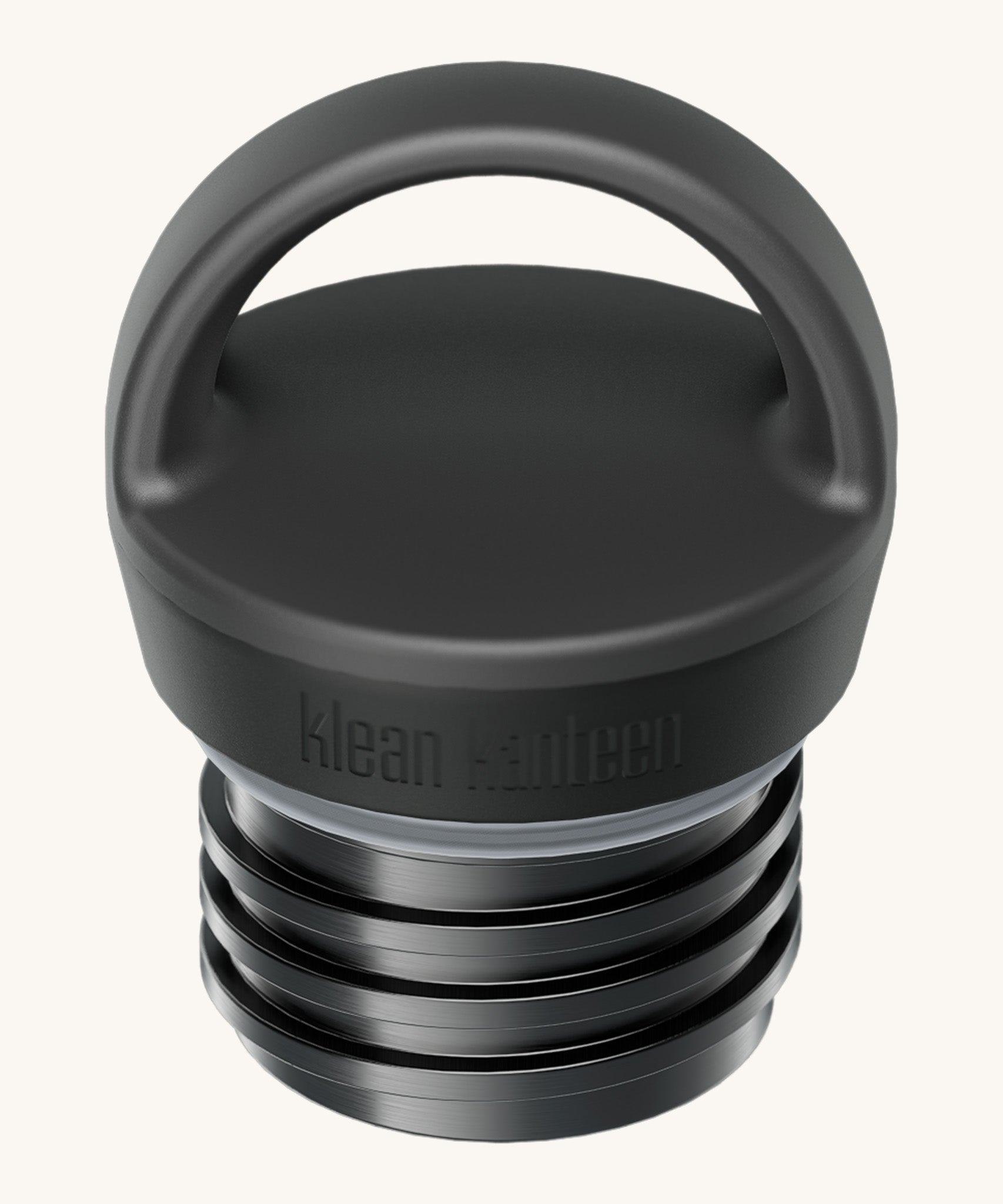 A close up of the Klean Kanteen black loop cap that fits on the 20oz classic rise bottle showing and loop handle detail