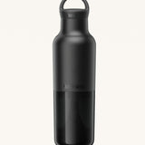 A Klean Kanteen 20oz rise insulated Reusable Stainless Steel Water Bottle with loop cap in a black colour available at Babipur features a matt top half finish and a glossy finish on the bottom half