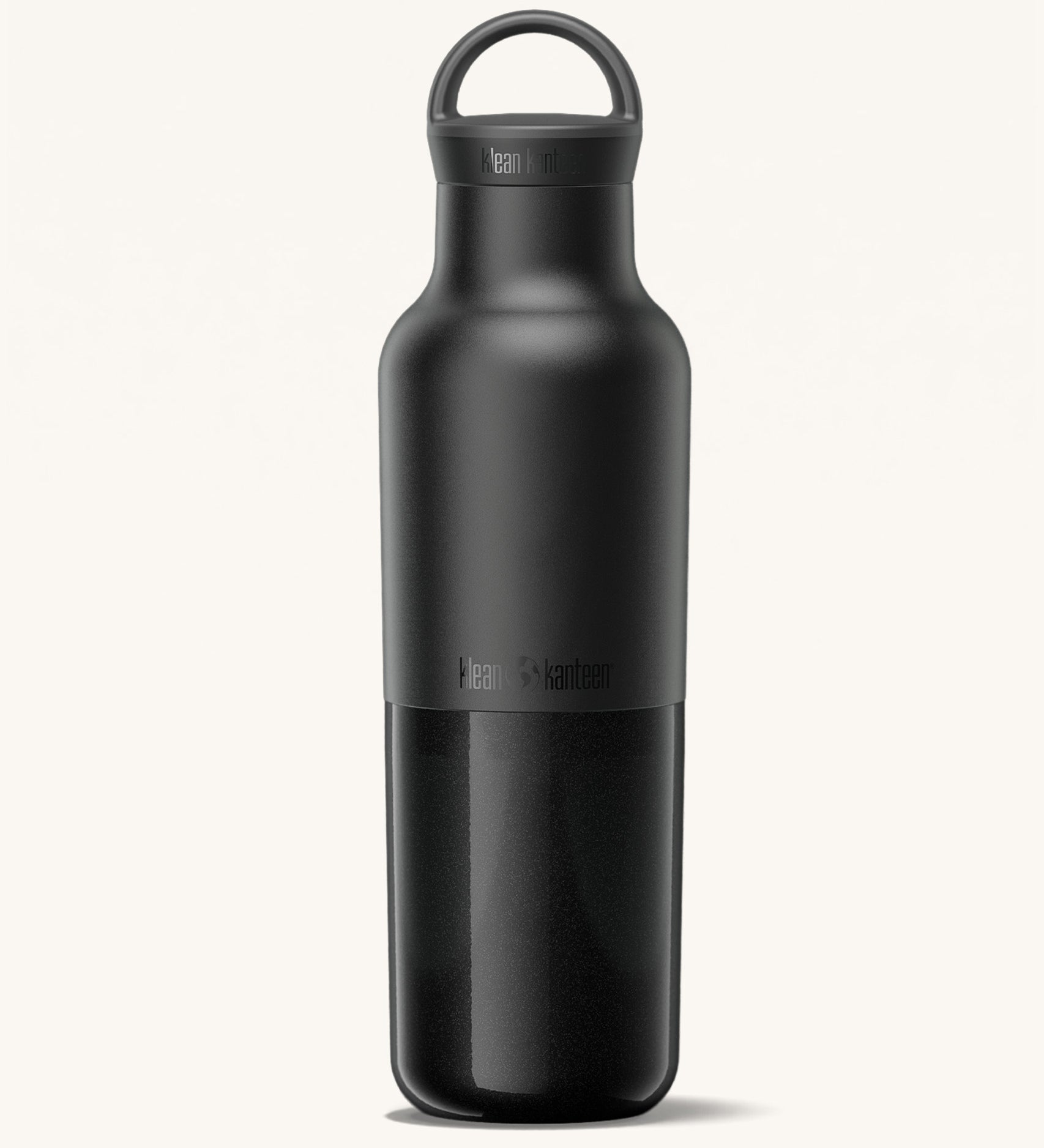 A Klean Kanteen 20oz rise insulated Reusable Stainless Steel Water Bottle with loop cap in a black colour available at Babipur features a matt top half finish and a glossy finish on the bottom half