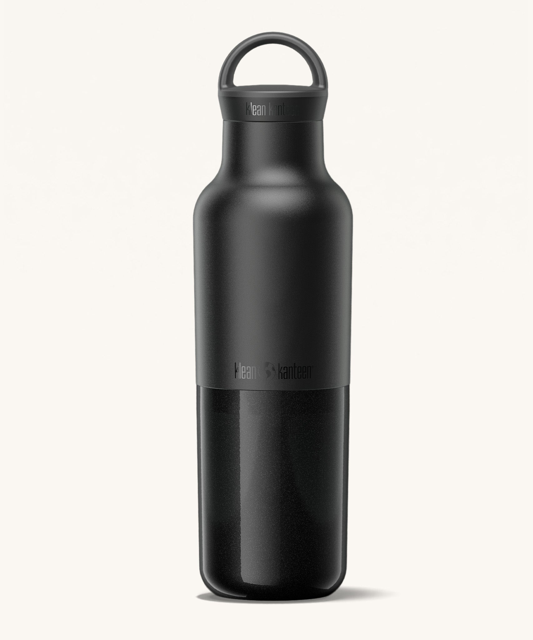A Klean Kanteen 20oz rise insulated Reusable Stainless Steel Water Bottle with loop cap in a black colour available at Babipur features a matt top half finish and a glossy finish on the bottom half