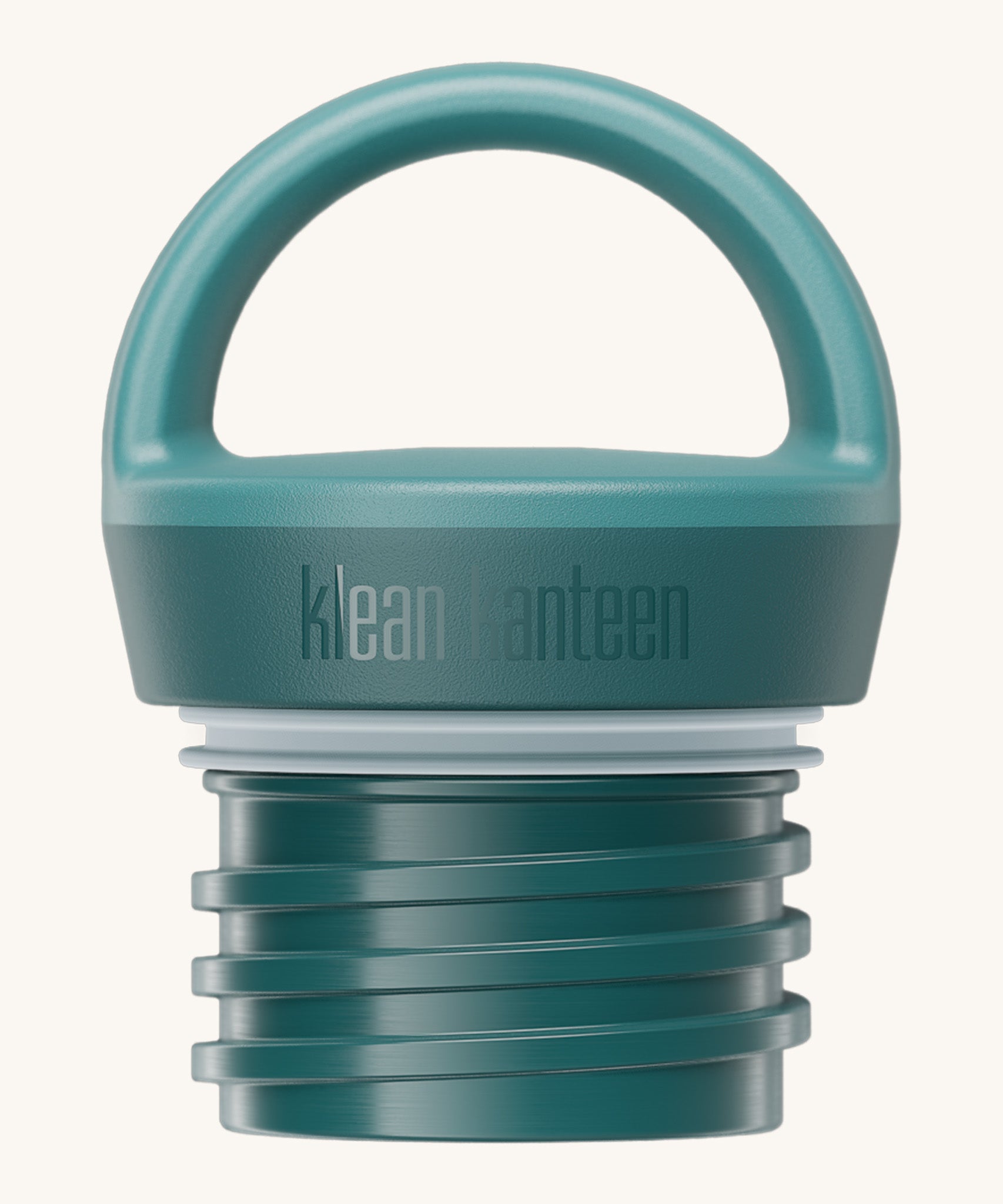 A close up of the Klean Kanteen Brittany blue loop cap that fits on the 20oz classic rise bottle available at Babipur showing the thread and loop hand detail