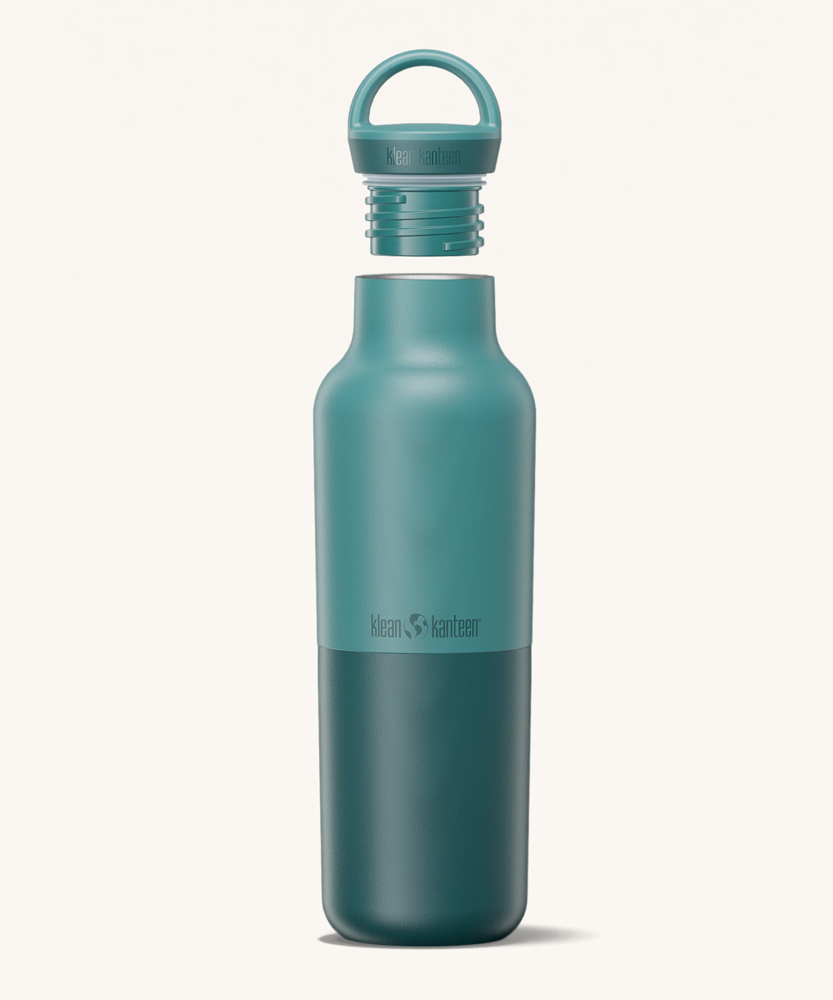 A Klean Kanteen 20oz rise insulated Reusable Stainless Steel Water Bottle in a Brittany blue colour that's split in a light and dark shade. Features a matching loop cap with a thread and handle for easy carrying