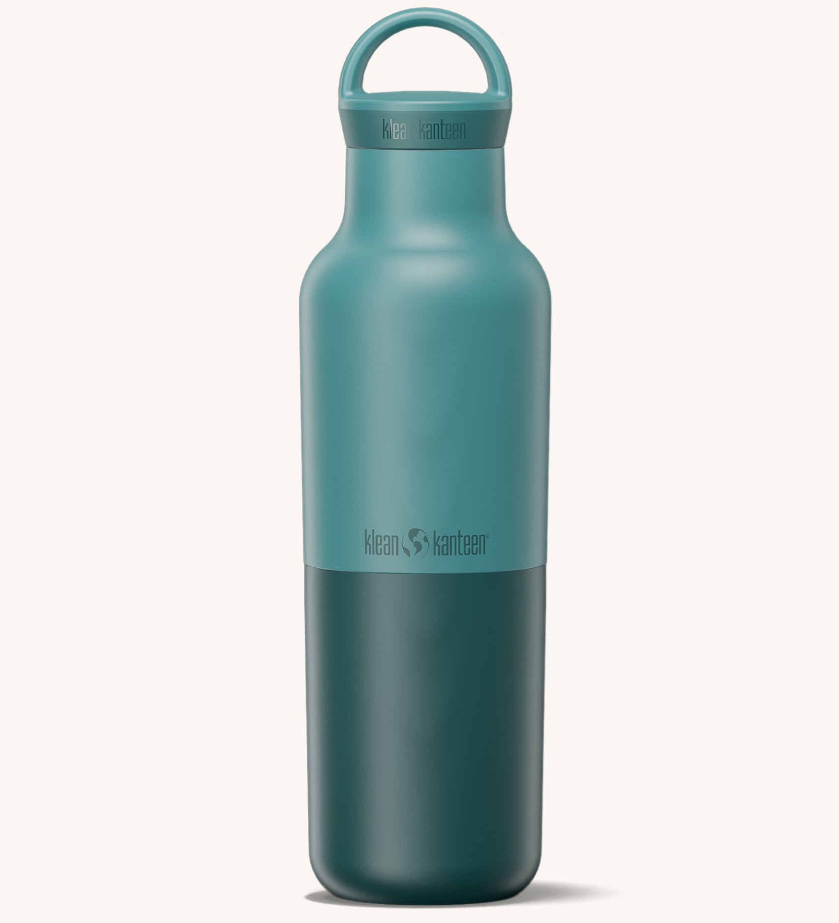 A Klean Kanteen 20oz rise insulated Reusable Stainless Steel Water Bottle with loop cap in a Brittany blue colour available at Babipur that's split in a light and dark shade. Features a matching loop cap