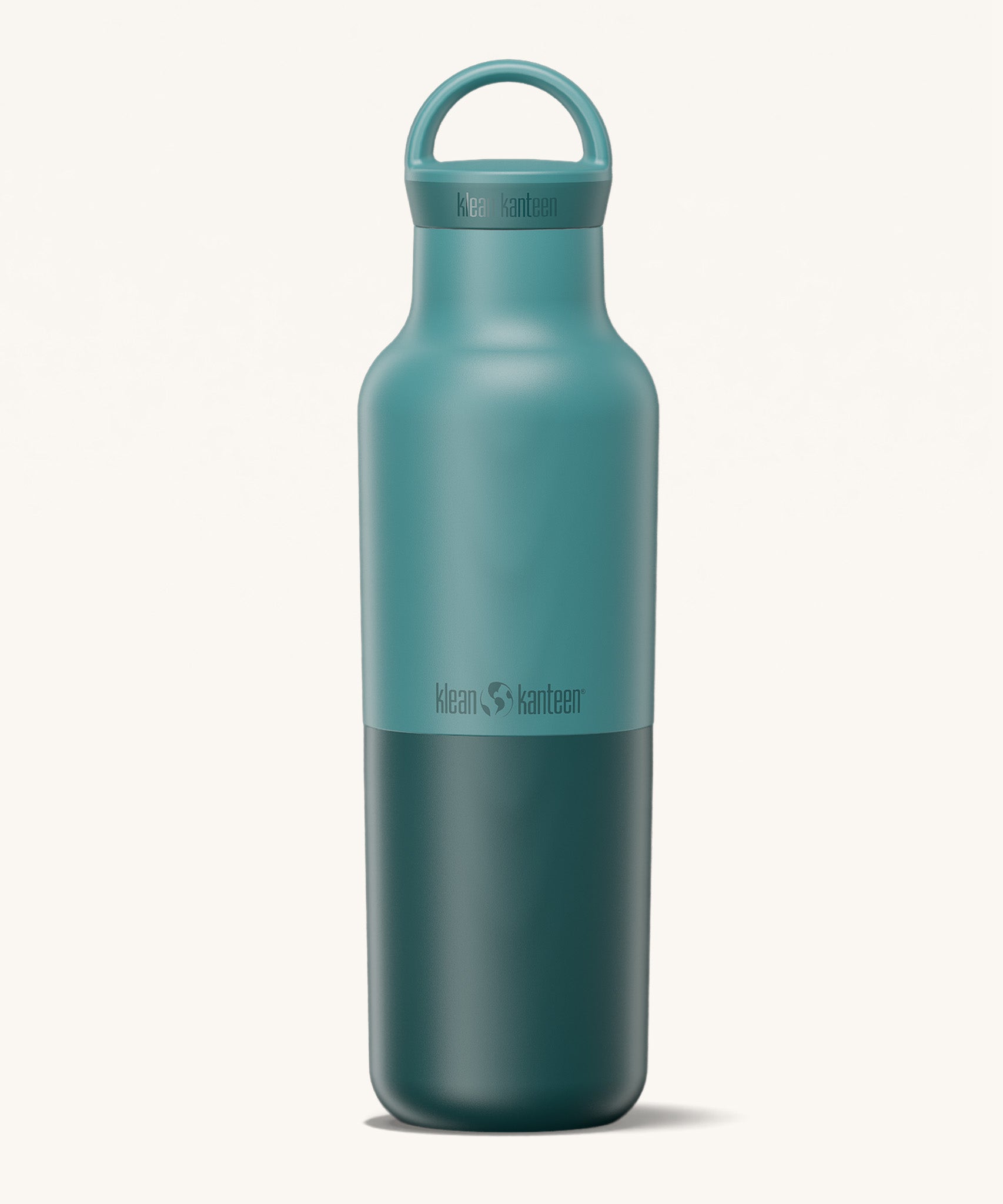 A Klean Kanteen 20oz rise insulated Reusable Stainless Steel Water Bottle with loop cap in a Brittany blue colour available at Babipur that's split in a light and dark shade. Features a matching loop cap
