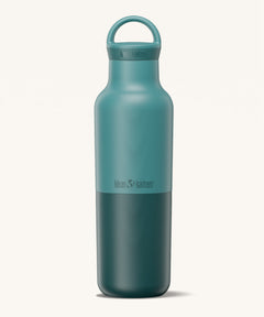 A Klean Kanteen 20oz rise insulated Reusable Stainless Steel Water Bottle with loop cap in a Brittany blue colour available at Babipur that's split in a light and dark shade. Features a matching loop cap