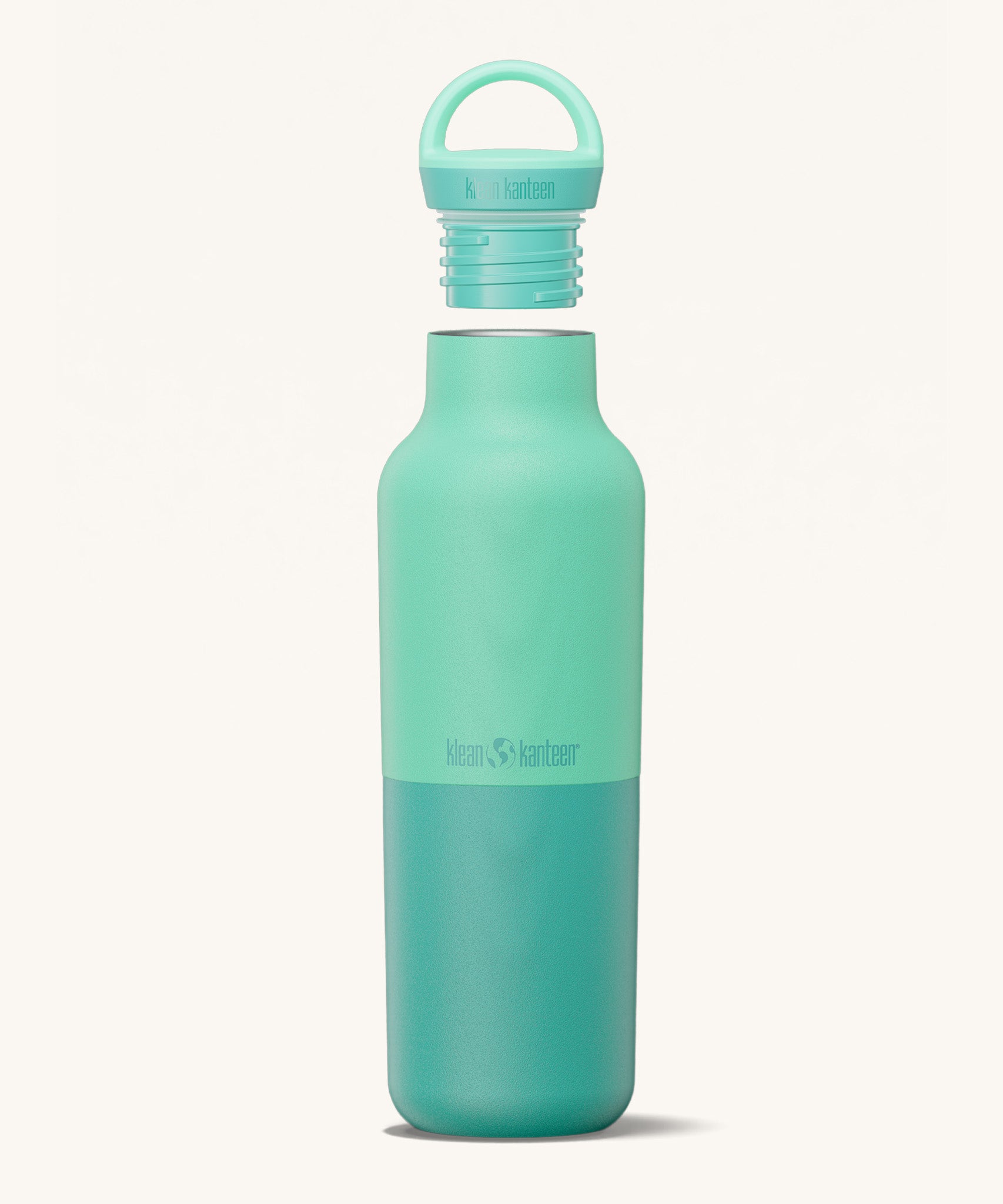 A Klean Kanteen 20oz rise insulated Reusable Stainless Steel Water Bottle  in a cabbage colour that's split in a light and dark shade. Features a matching loop cap with a thread and handle for easy carrying
