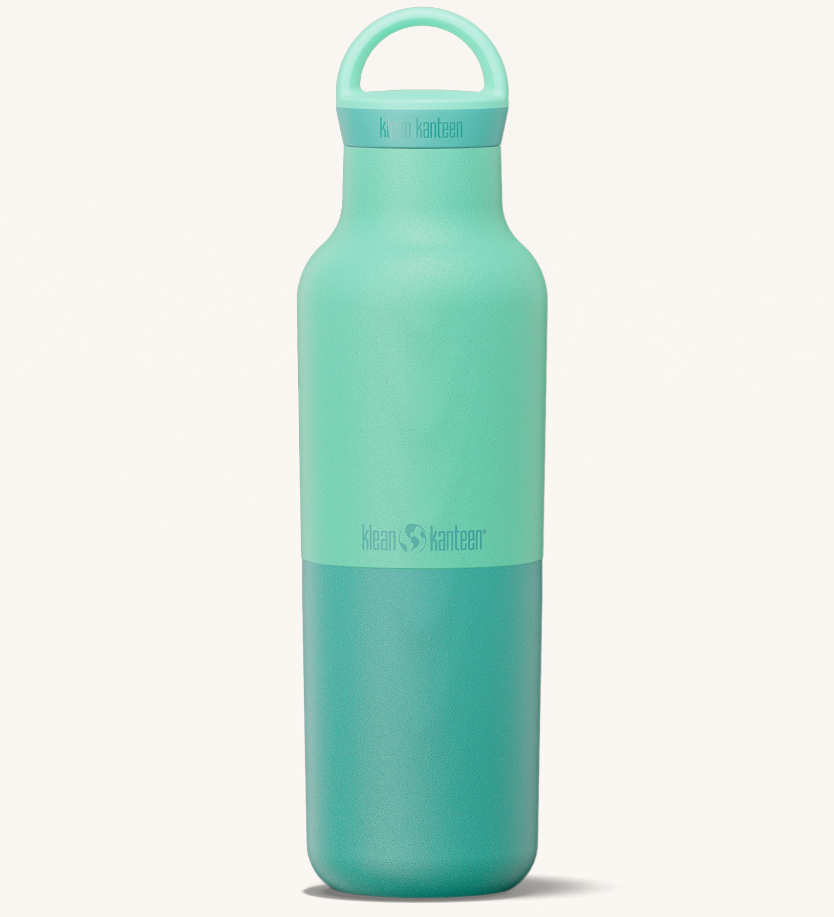 A Klean Kanteen 20oz rise insulated Reusable Stainless Steel Water Bottle with loop cap in a cabbage colour that's split in a light and dark shade. Features a matching loop cap