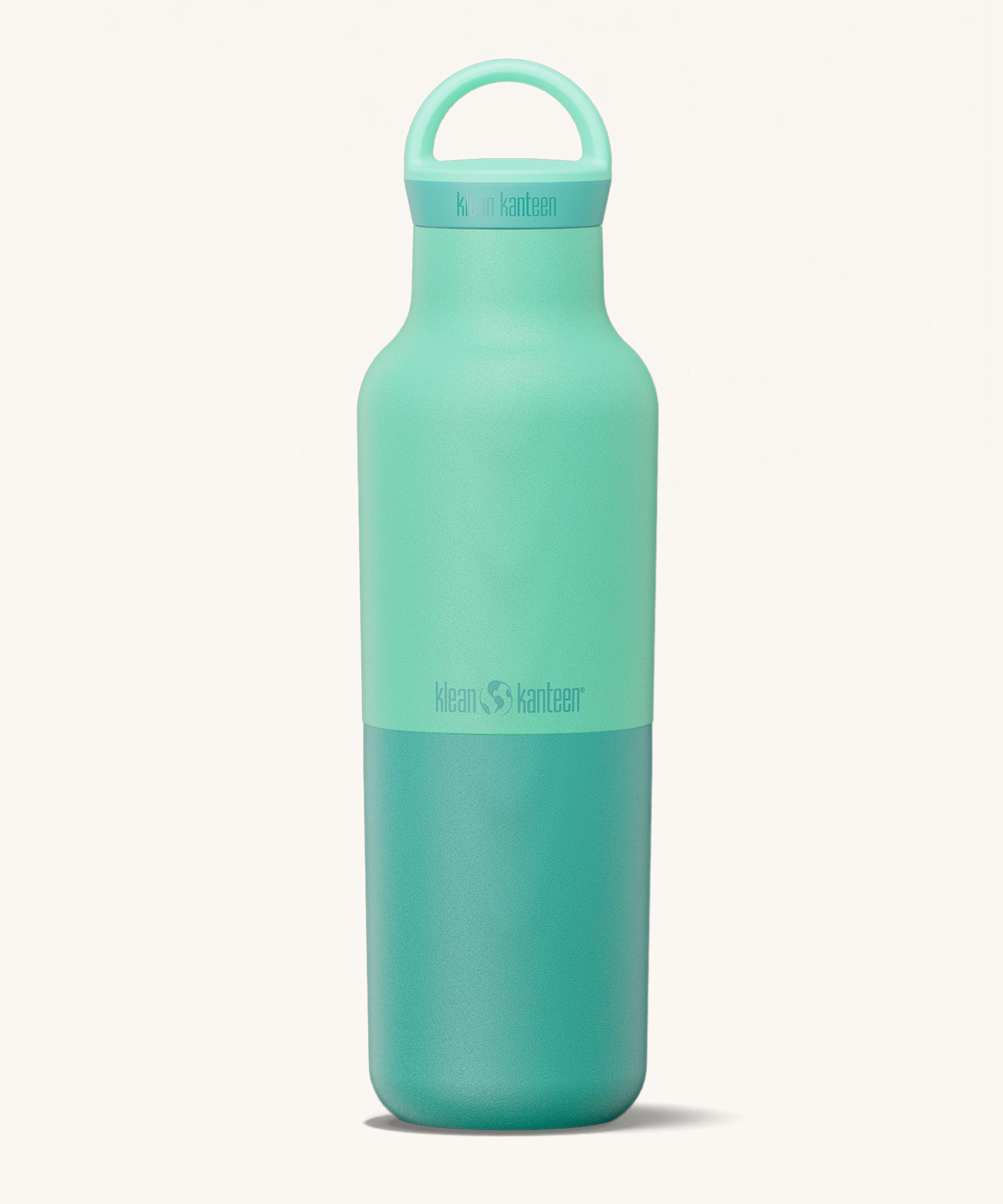A Klean Kanteen 20oz rise insulated Reusable Stainless Steel Water Bottle with loop cap in a cabbage colour that's split in a light and dark shade. Features a matching loop cap