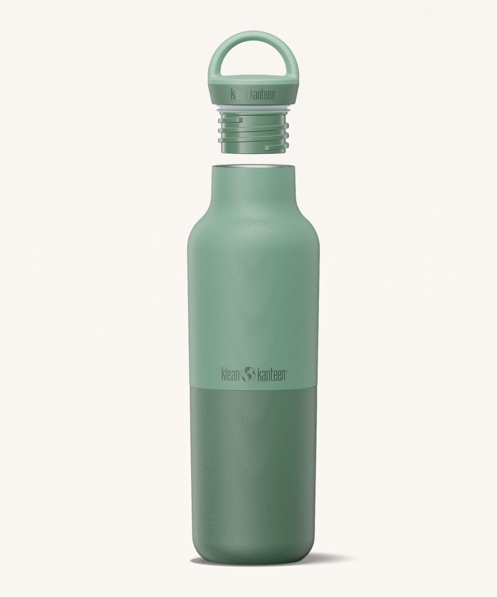 A Klean Kanteen 20oz rise insulated Reusable Stainless Steel Water Bottle in a iceberg colour that's split in a light and dark shade. Features a matching loop cap with a thread and handle for easy carrying