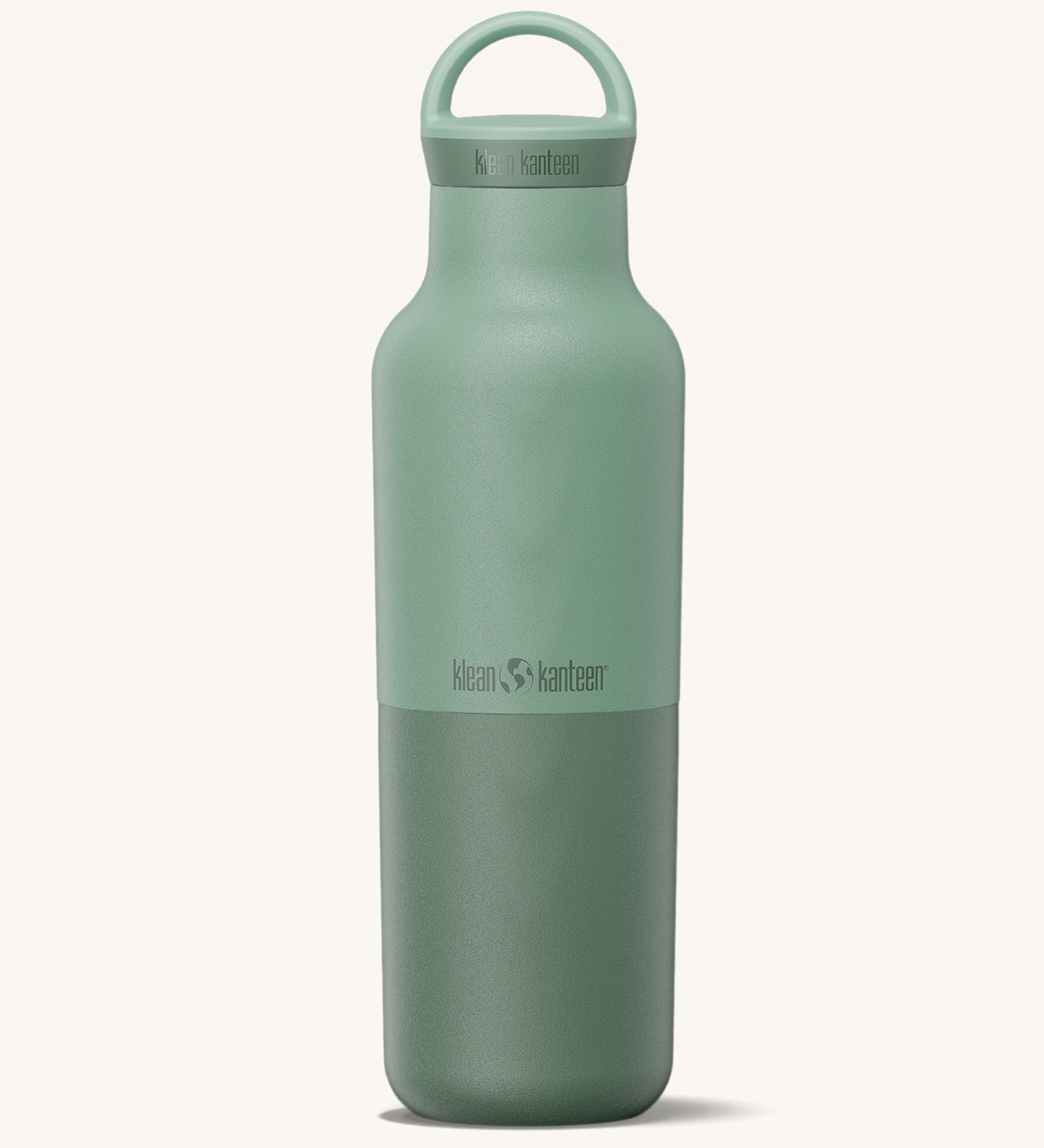 A Klean Kanteen 20oz rise insulated Reusable Stainless Steel Water Bottle with loop cap in a iceberg colour that's split in a light and dark shade. Features a matching loop cap