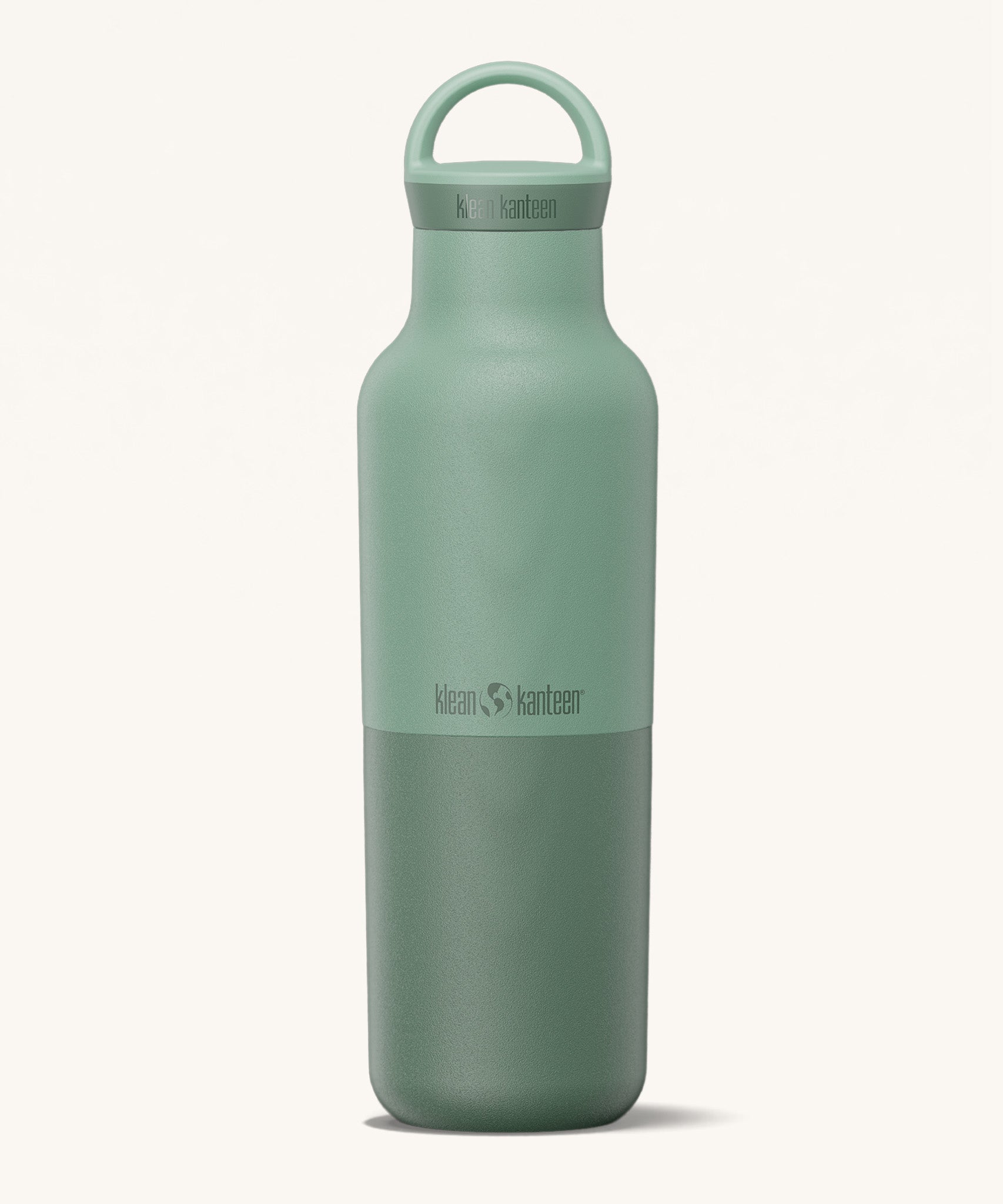 A Klean Kanteen 20oz rise insulated Reusable Stainless Steel Water Bottle with loop cap in a iceberg colour that's split in a light and dark shade. Features a matching loop cap