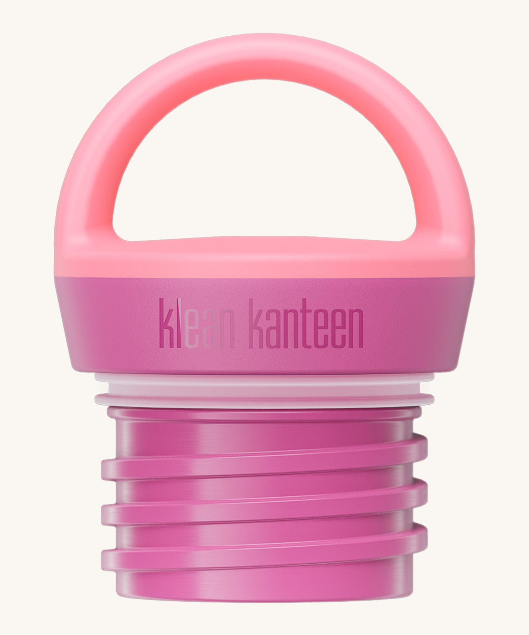 A close up of the Klean Kanteen pink lemonade loop cap that fits on the 20oz classic rise bottle available at Babipur showing the thread and loop hand detail