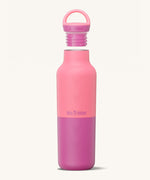 A Klean Kanteen 20oz rise insulated Reusable Stainless Steel Water Bottle in a pink lemonade colour that's split in a light and dark shade. Features a matching loop cap with a thread and handle for easy carrying