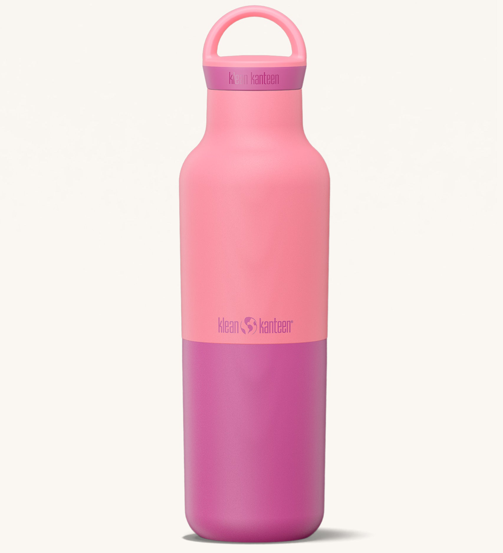 A Klean Kanteen 20oz rise insulated Reusable Stainless Steel Water Bottle with loop cap in a pink lemonade colour available at Babipur that's split in a light and dark shade. Features a matching loop cap