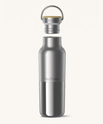 Klean Kanteen 16oz reusable stainless steel reflect water bottle available at Babipur with a smooth top half finish and a glossy bottom half finish. Features a handy bamboo loop cap with a thread