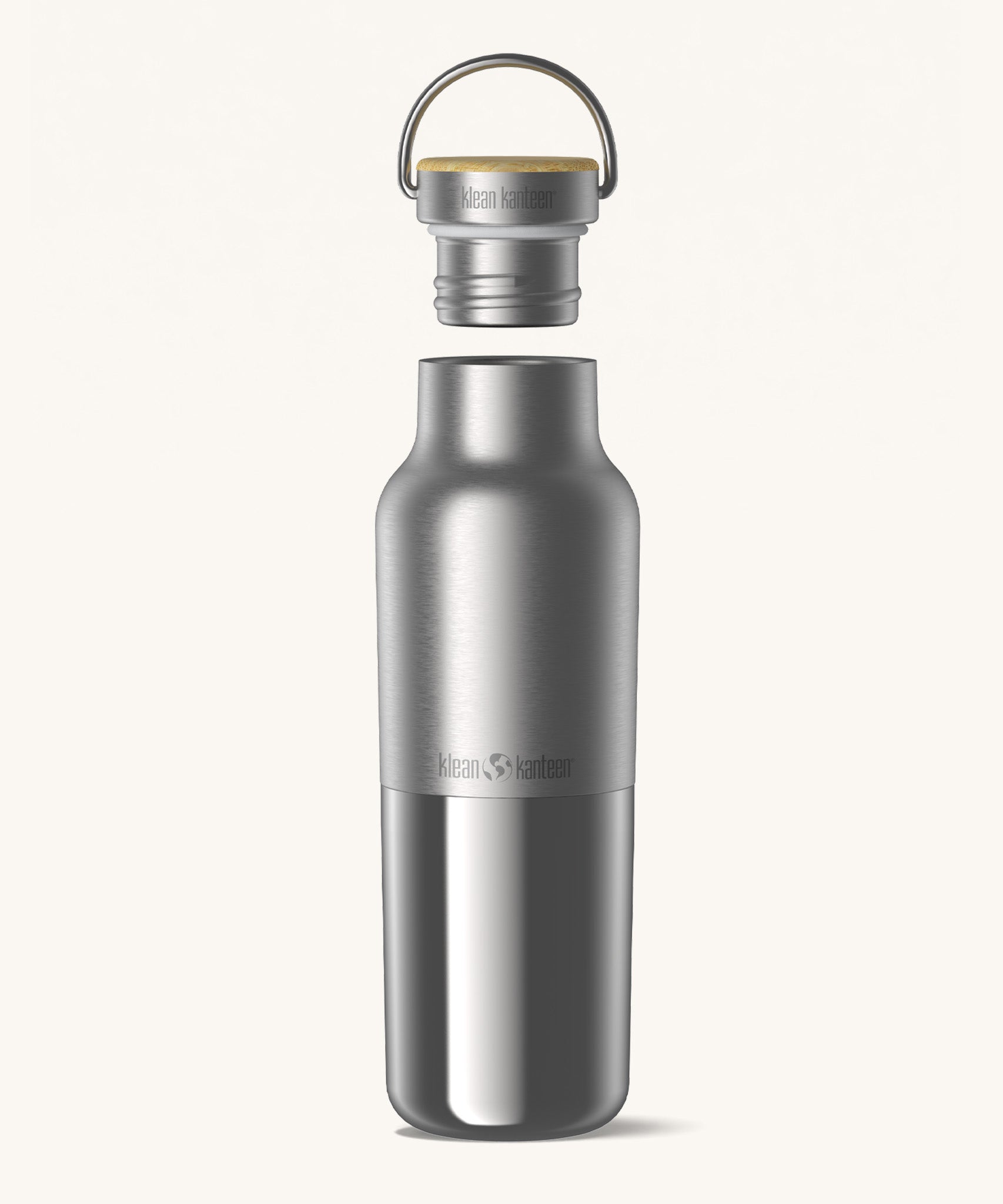 Klean Kanteen 16oz reusable stainless steel reflect water bottle available at Babipur with a smooth top half finish and a glossy bottom half finish. Features a handy bamboo loop cap with a thread
