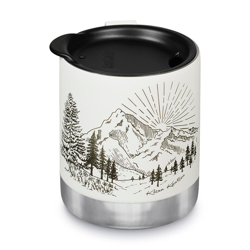 Klean Kanteen stainless steel insulated travel mug in matte white mountain on a white background