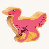 A Lanka Kade caudipteryx pink dinosaur wooden toy figure. These wooden toy figures are part of a huge range of Lanka Kade fair trade, wooden toys available here at Babipur.