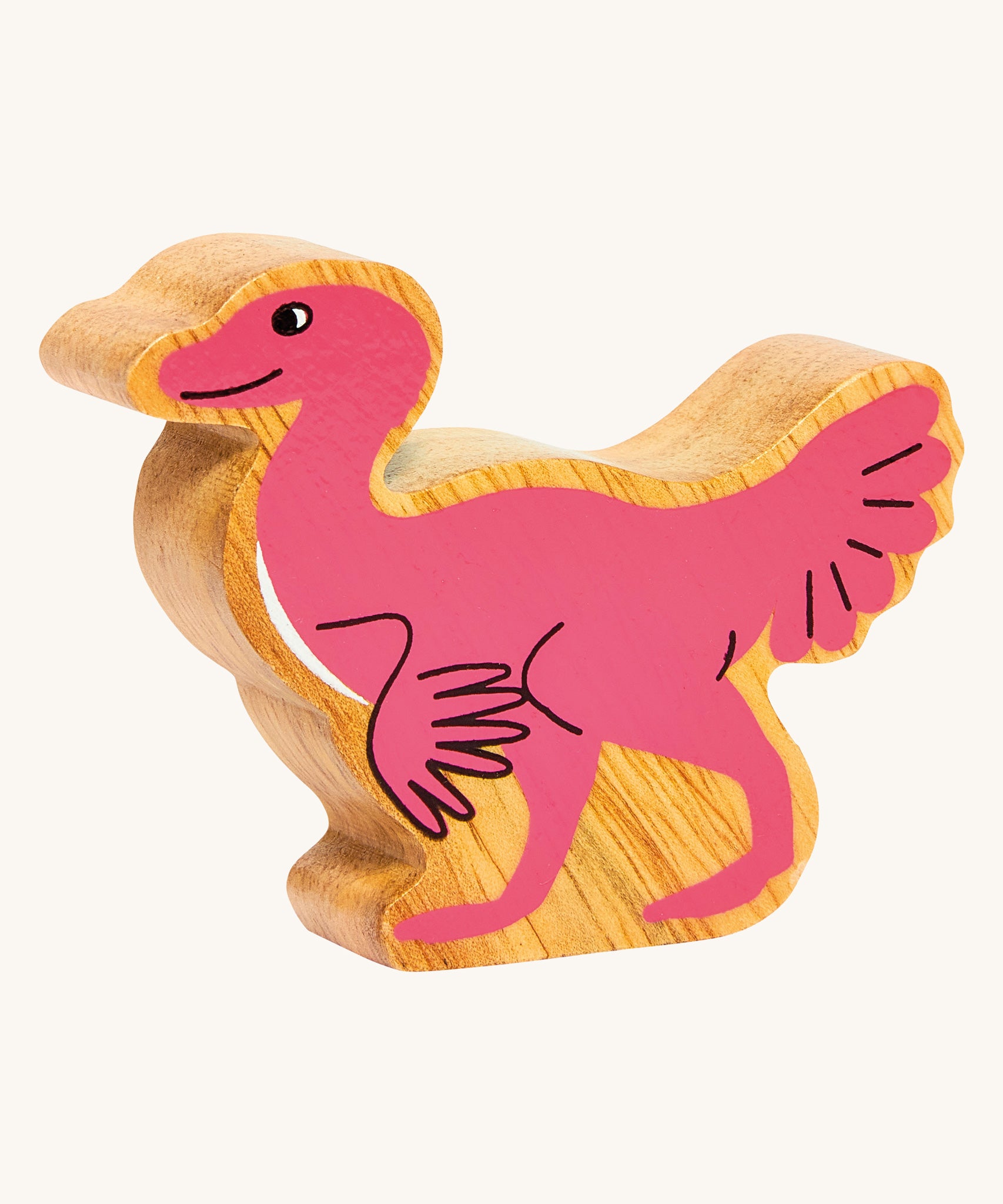 A Lanka Kade caudipteryx pink dinosaur wooden toy figure. These wooden toy figures are part of a huge range of Lanka Kade fair trade, wooden toys available here at Babipur.