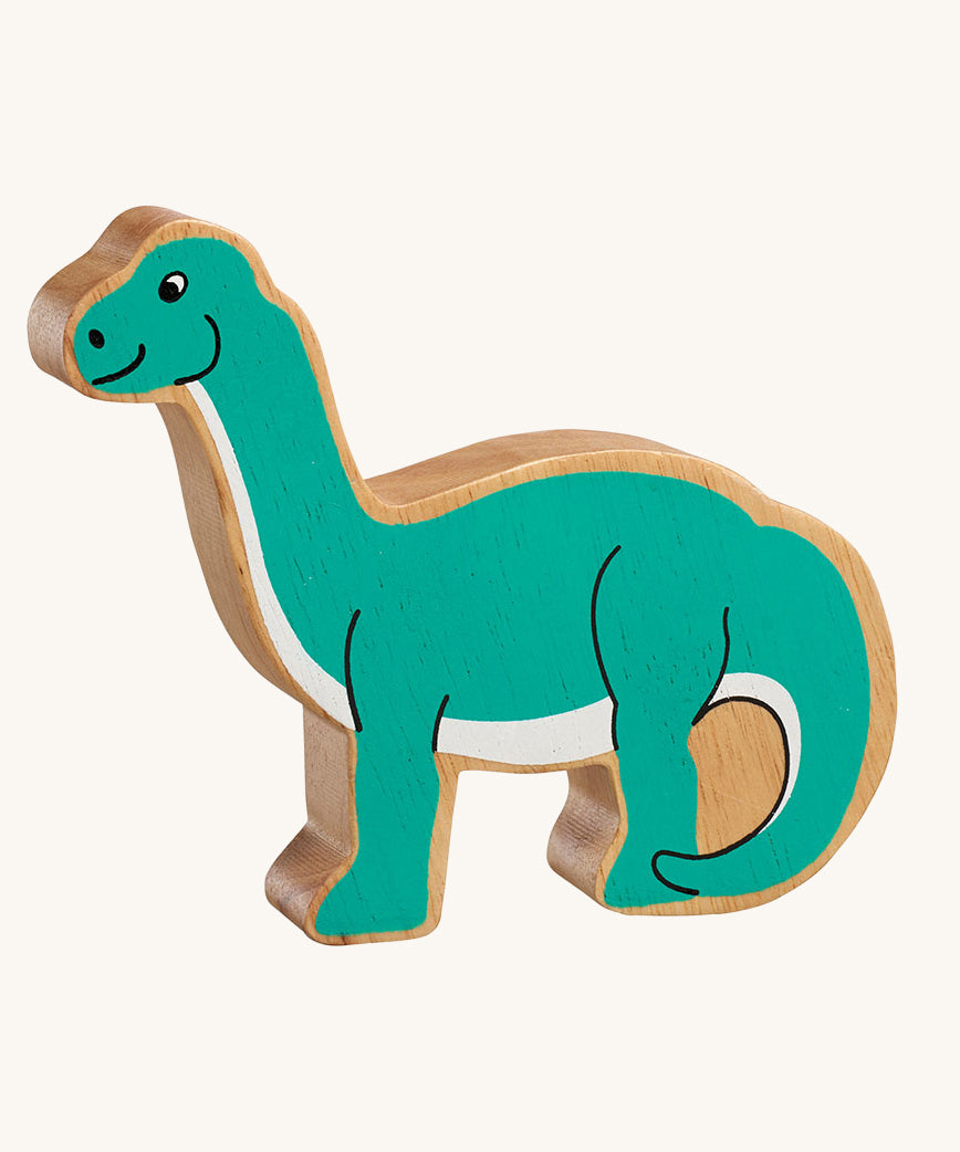 A Lanka Kade green diplodocus dinosaur wooden toy figure. These wooden toy figures are part of a huge range of Lanka Kade fair trade, wooden toys available here at Babipur.