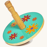 A green wooden Lanka Kade spinning top with red and yellow flowers on a cream background.