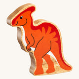 Lanka Kade orange Parasaurolophus Dinosaur wooden toy figure. These wooden toy figures are part of a huge range of Lanka Kade fair trade, wooden toys available here at Babipur.