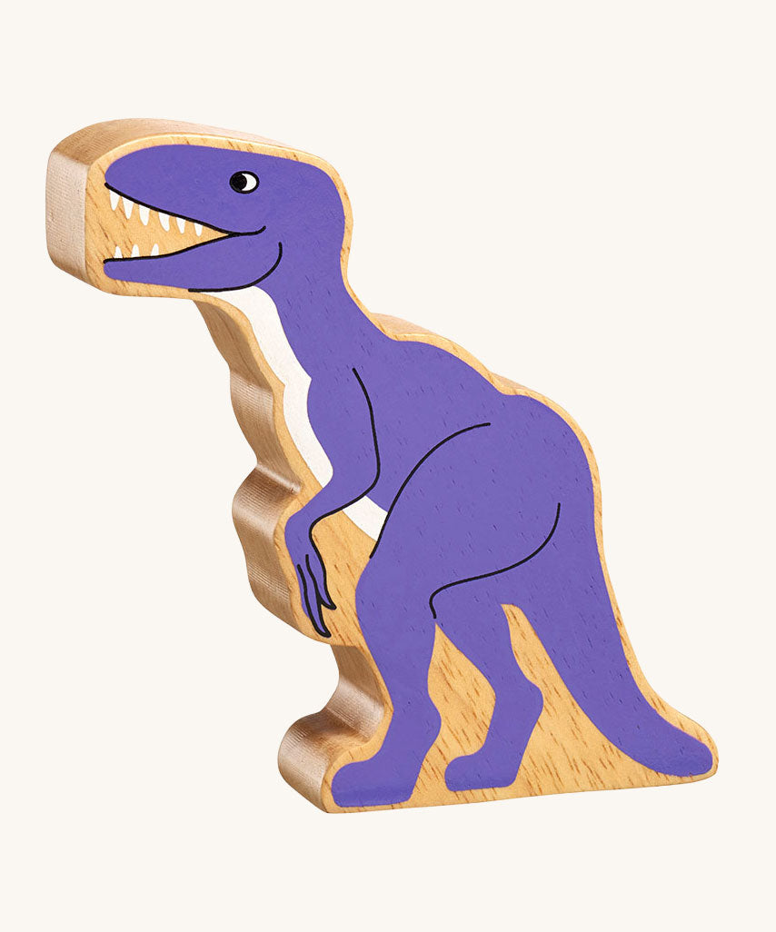 A Lanka Kade velociraptor purple dinosuar wooden toy figure. These wooden toy figures are part of a huge range of Lanka Kade fair trade, wooden toys available here at Babipur.