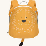 The Lassig tiny kids backpack in a golden yellow, with a lion's face printed on and 3D ears and tail
