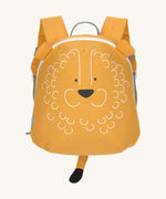 The Lassig tiny kids backpack in a golden yellow, with a lion's face printed on and 3D ears and tail