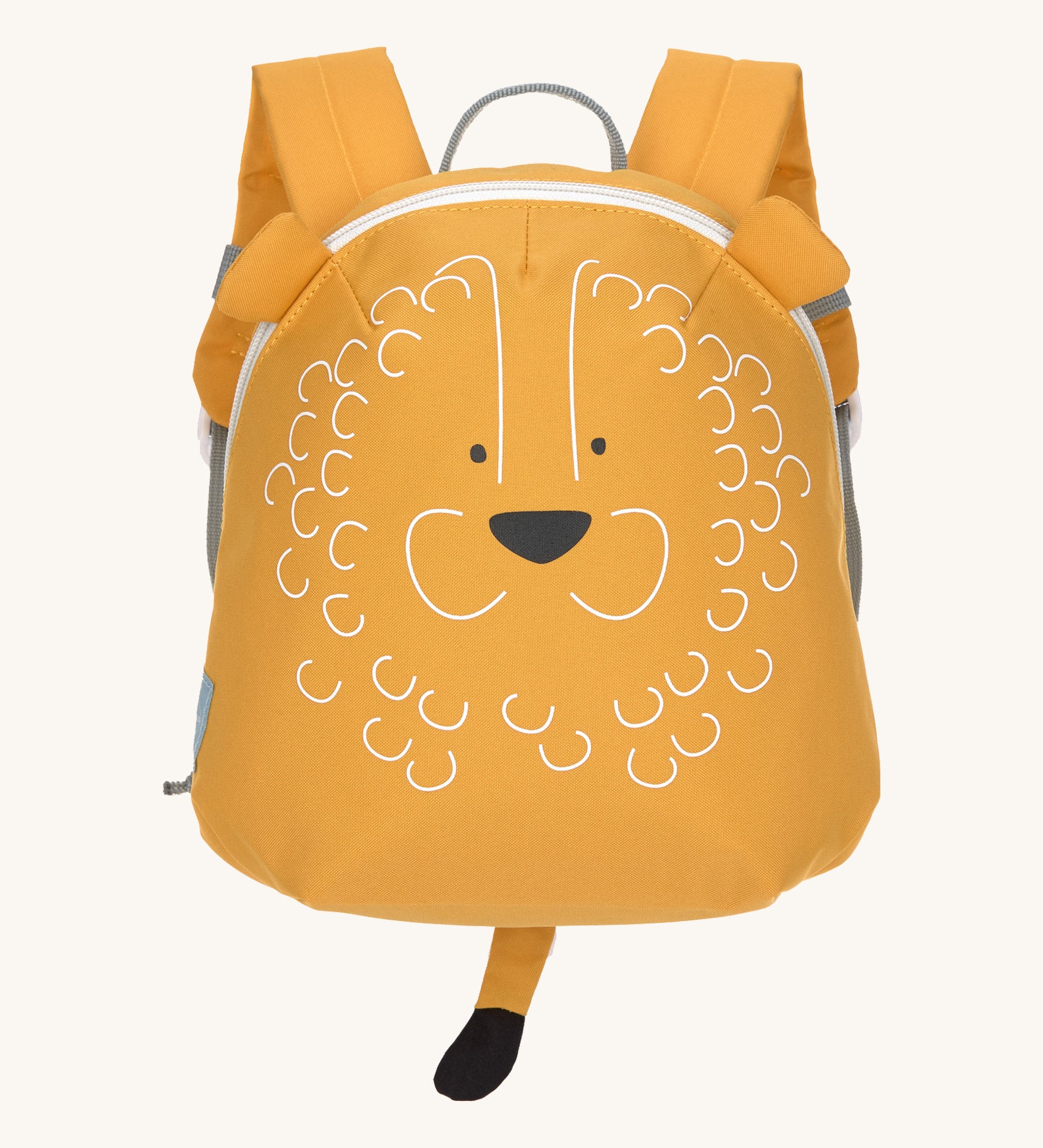 The Lassig tiny kids backpack in a golden yellow, with a lion's face printed on and 3D ears and tail
