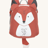 The Lassig tiny kids backpack in orange with a fox printed on, and 3D fox ears and a tail