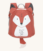 The Lassig tiny kids backpack in orange with a fox printed on, and 3D fox ears and a tail