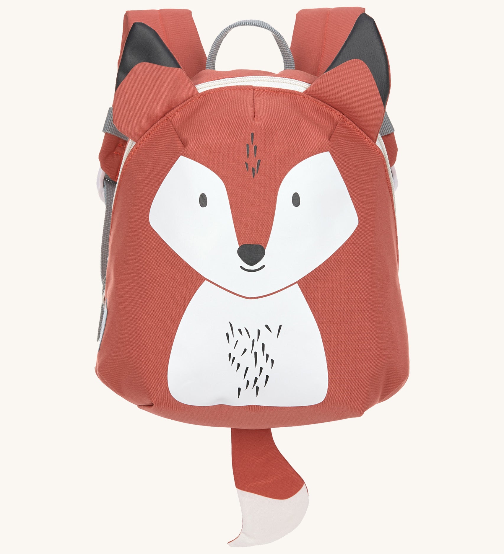 The Lassig tiny kids backpack in orange with a fox printed on, and 3D fox ears and a tail