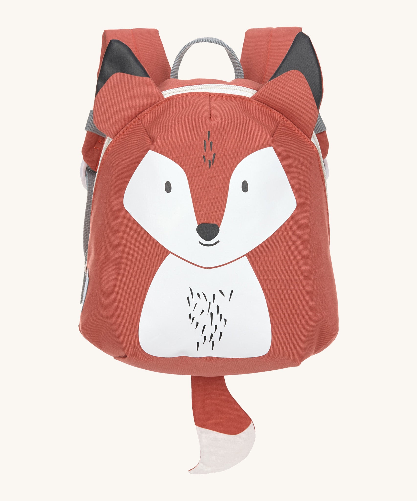 The Lassig tiny kids backpack in orange with a fox printed on, and 3D fox ears and a tail