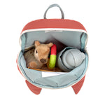 A top view of the Lassig 'About Friends' Fox tiny backpack, showing the inside capaity with a stuffed animal, a toy, and a water bottle inside.