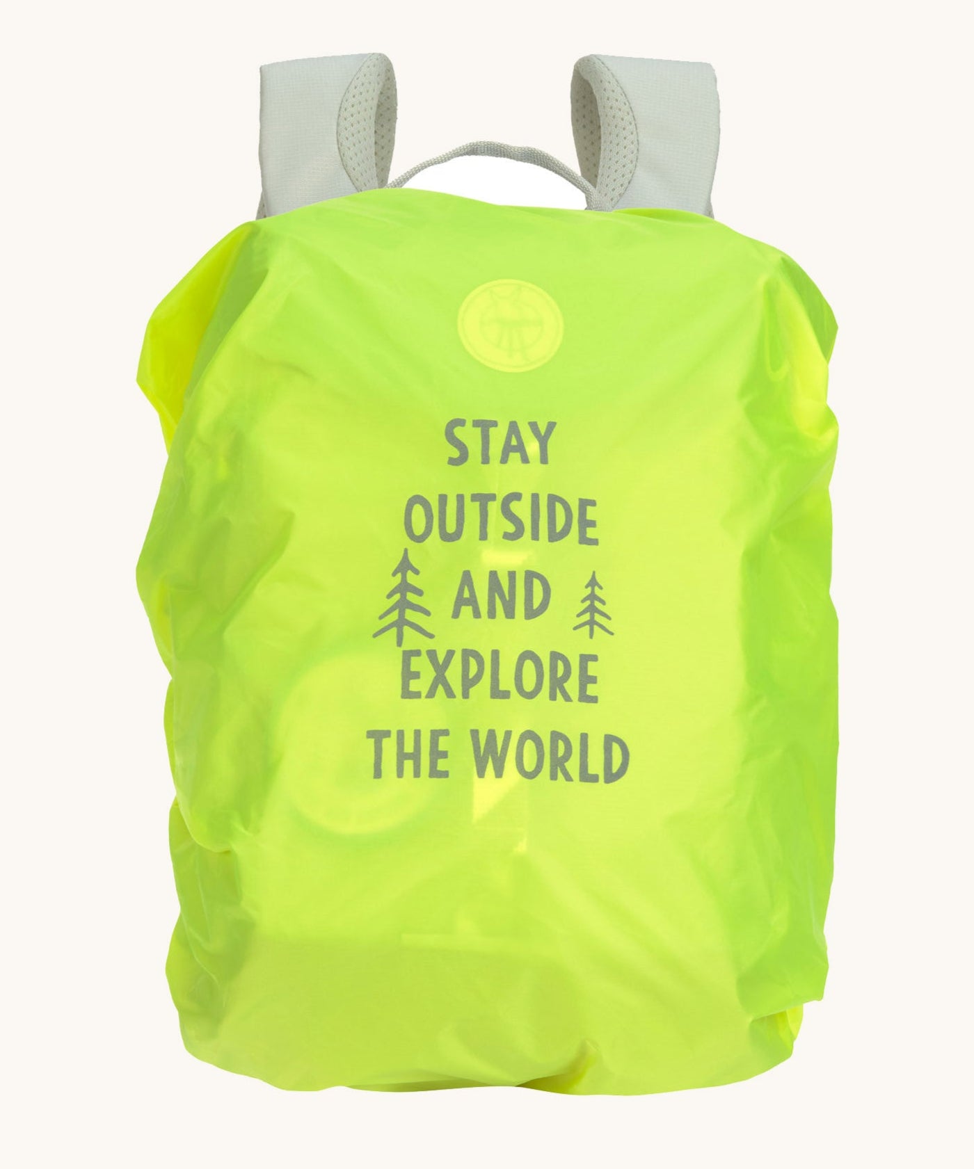 A neon green backpack cover for the Lassig kids mini outdoor backpack with a slogan saying 'stay outside and explore the world'