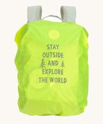 A neon green backpack cover for the Lassig kids mini outdoor backpack with a slogan saying 'stay outside and explore the world'