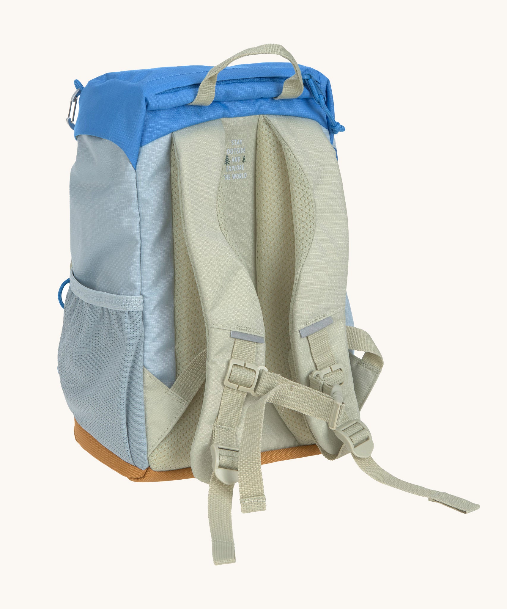 The back of the Lassig kids mini outdoor backpack in sunny explorer green showing the padded shoulders and mesh side pocket detail.