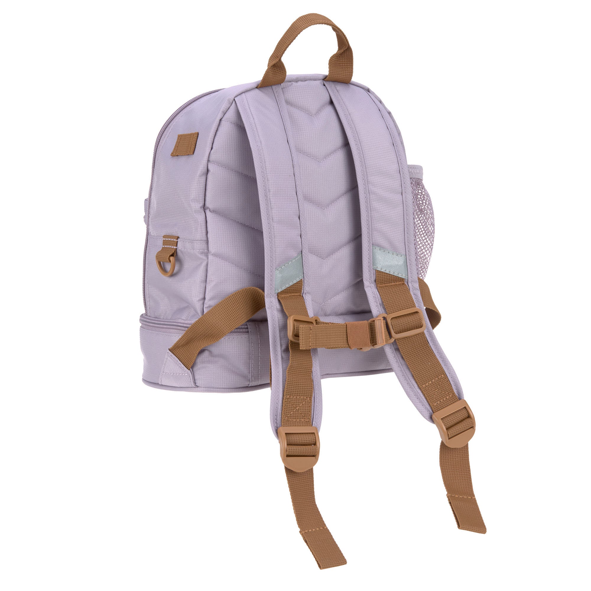 The back of the Lassig mini kids backpack in a lilac colour, with reflective strips on the straps for safety.