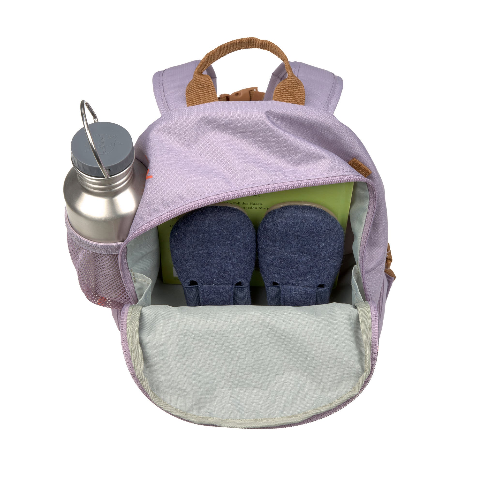A top view of the Lassig mini kids backpack in a lilac colour, showing how it can fit shoes and books inside, as well as a water bottle in the mesh side pocket.