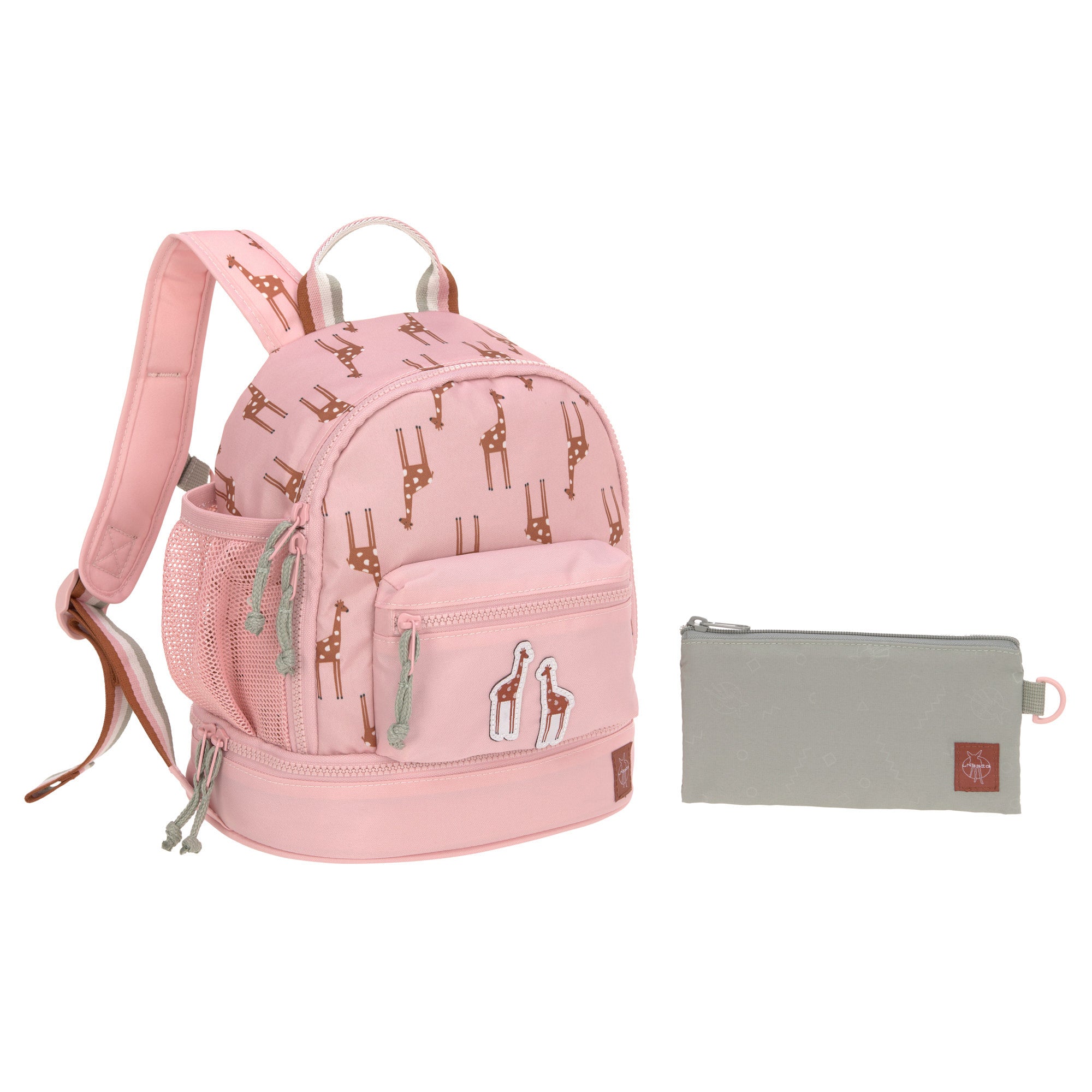 The Lassig kids mini backpack in a Safari Giraffe pink print, alongside a grey pencil case.