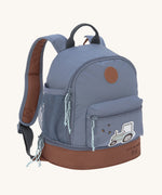 The Lassig mini backpack for kids, in a dark blue colour with a brown base and a little tractor design on the front pocket.