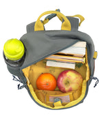 A top view of the Lassig mini kids campervan backpack, showcasing the vast storage space inside and the yellow campervan print.