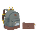The Lassig kids mini adventure backpack with a brown pencil case.