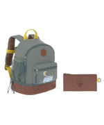 The Lassig kids mini adventure backpack with a brown pencil case.